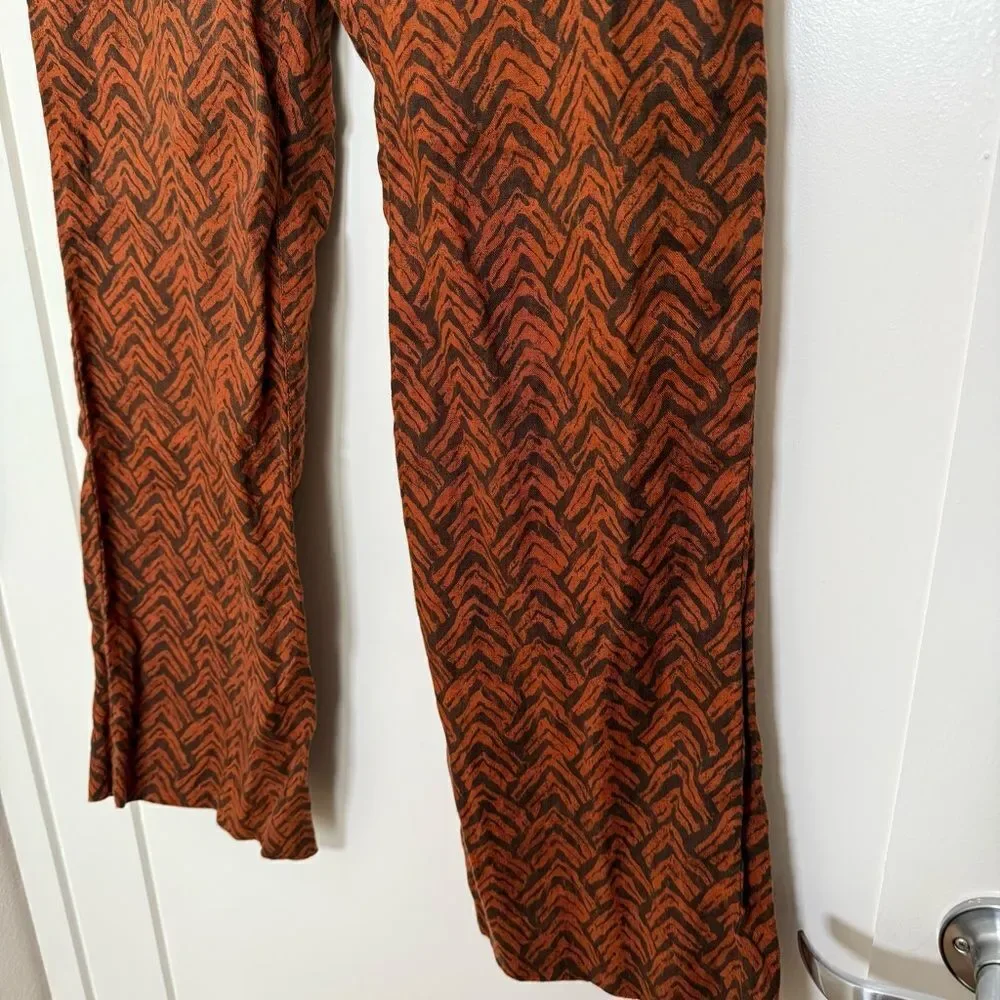 Garnet Hill Pants Womens Sz 8 Orange Rust 100% Linen Chevron Print Wide Leg Boho